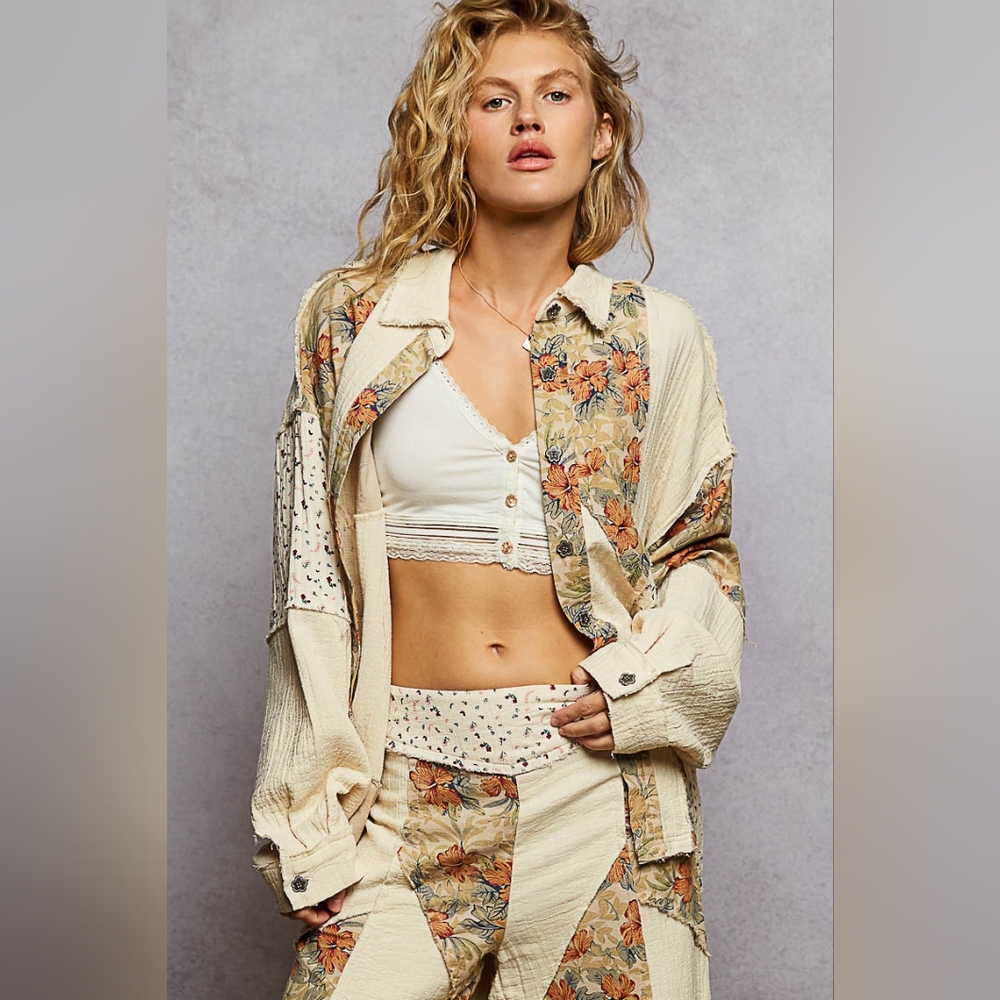 POL Long Sleeve Oversized Top in Double Gauze with Printed Woven Patchwork